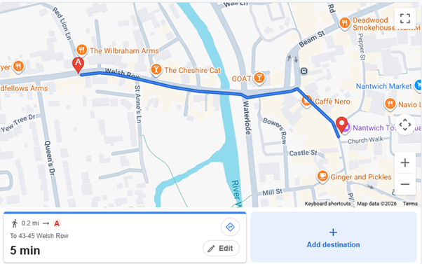 directions from Nantwich town centre