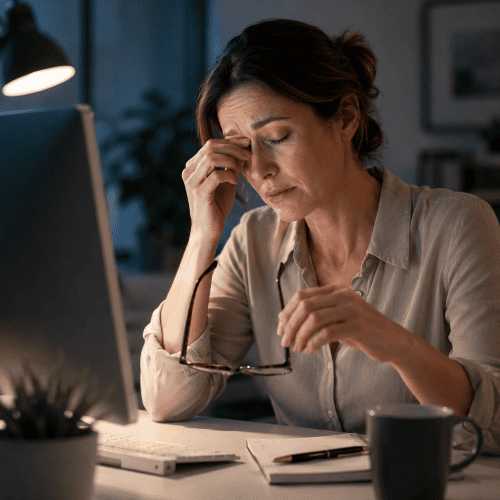Lady experiencing dry eye while using her computer