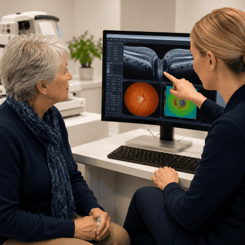 Optometrist and a patient discussing an OCT scan Optometrist and a patient discussing an OCT scan