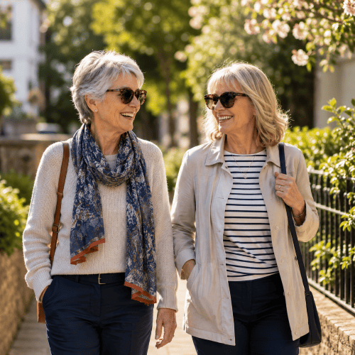 Two ladies enjoying a walk and protecting their eyes from uv with sunglasses