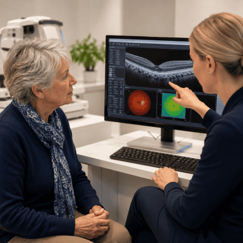 lady and optometrist looking at an oct scan